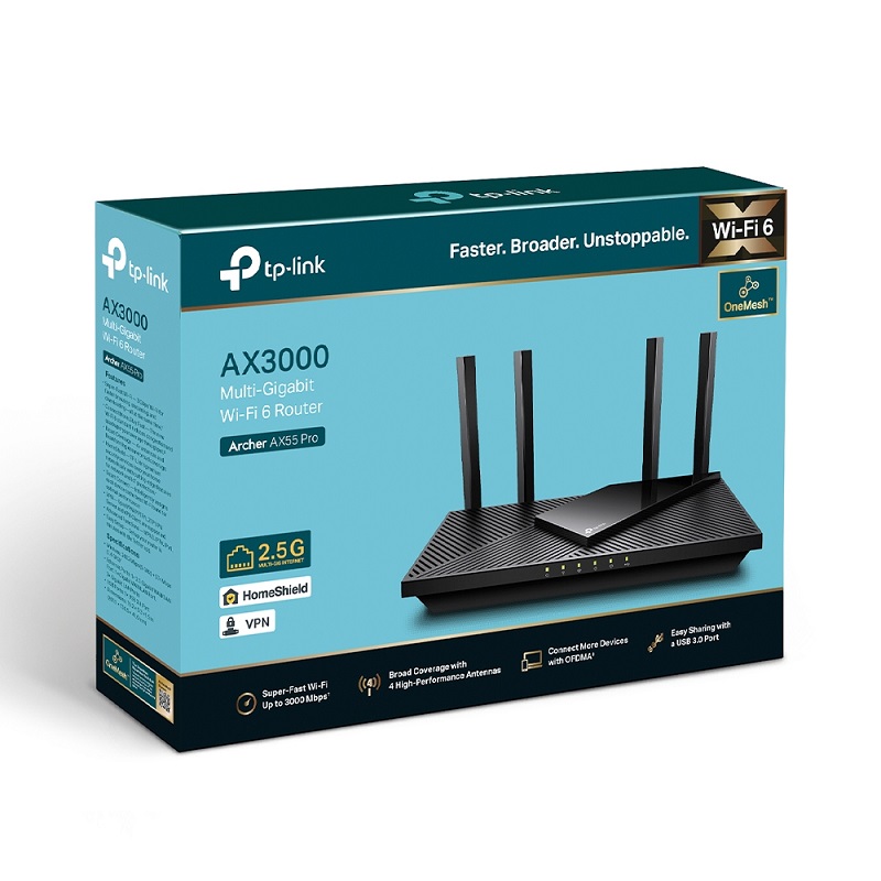 TP-Link Archer AX55 PRO, AX3000, Multi-Gigabit Wi-Fi 6 router, 5-port