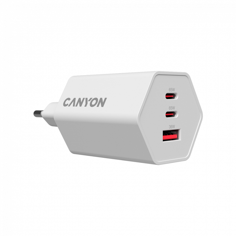 Canyon HEXAGON 65, zidni punjač, 3-Port, USB-C / USB-A, 65W, bijeli