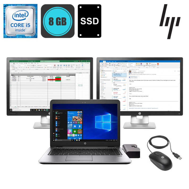 HP EliteBook 840 G3, Intel i5-6300U, RAM 8GB, SSD 240GB, LCD 14.1inch HD+, Windows + 2 x HP E2424 42inch monitor + docking station - Refurbished