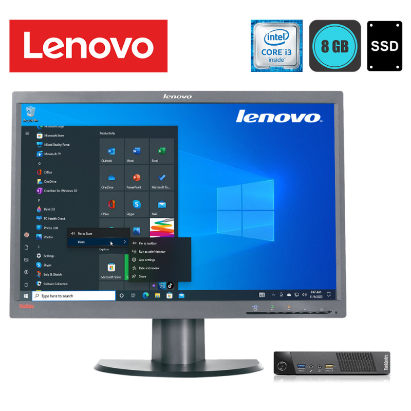 Lenovo ThinkCentre M73 Tiny, Intel i3-4130T, RAM 8GB, SSD 120GB SSD, WinPro + Lenovo 22inch monitor - Refurbished