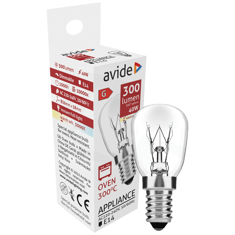 Avide Oven 300 °C bulb 40W E14, Žarulja za pećnicu, 40W, E14, 3000K, 300°C
