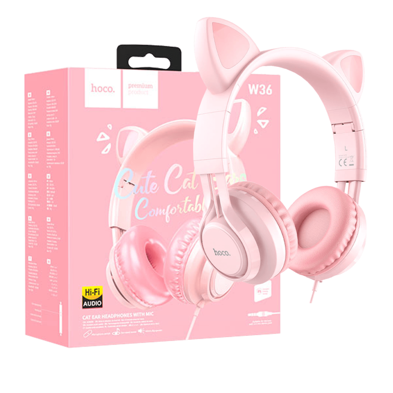 hoco. W36, žičane slušalice sa mikrofonom, mačje uši, 1.2m, roze
