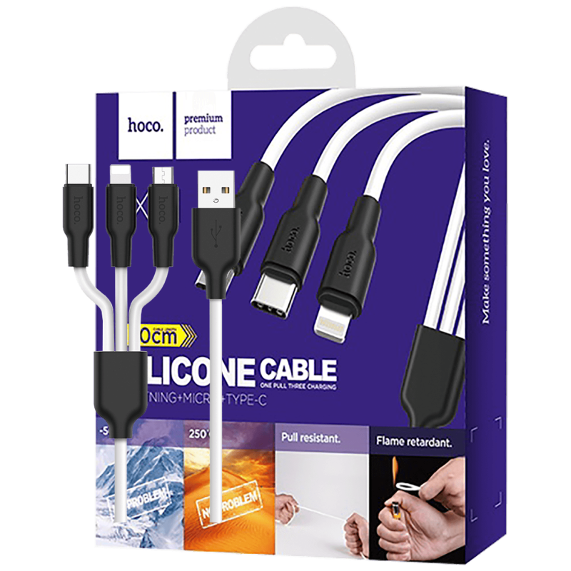 hoco. X21 Silicone 3in1, USB-A, / microUSB, USB-C kabel, Lightning, 1.2m, crno-bijeli