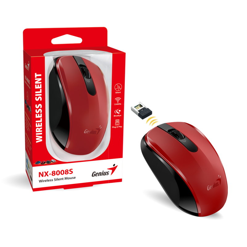 Genius NX-8008S, bežični optički miš, silent, crveno-crni