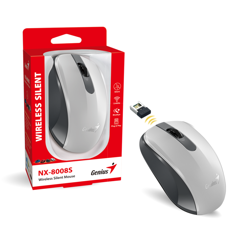 Genius NX-8008S, bežični optički miš, silent, bijelo-sivi