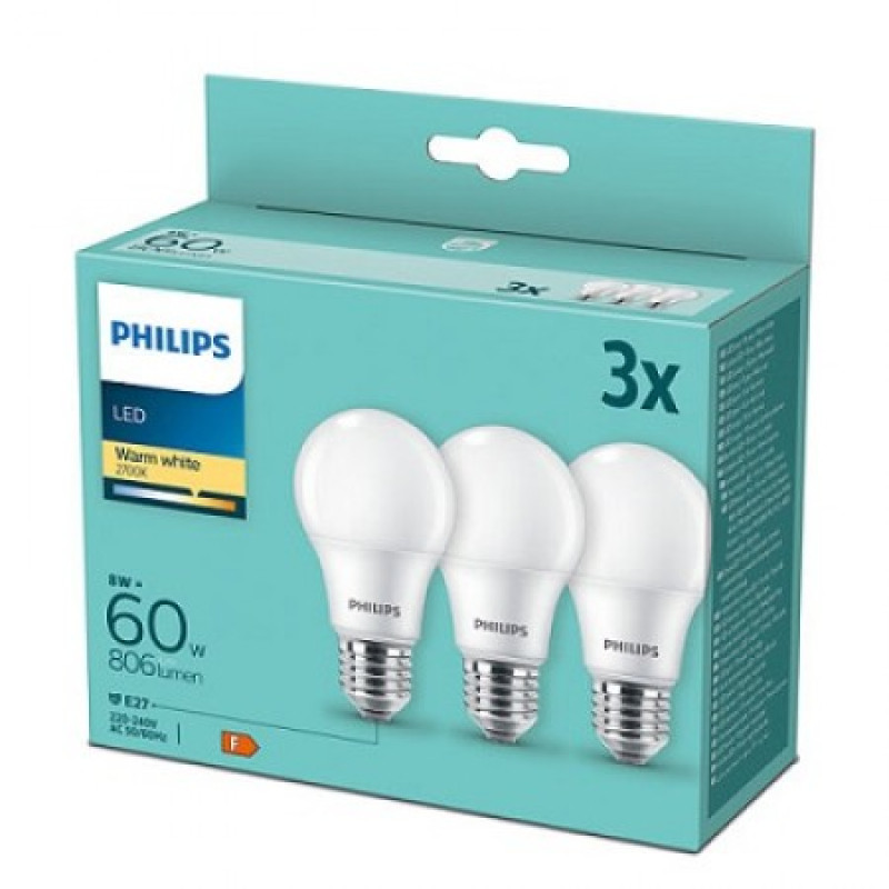 Philips LED žarulja, E27, A60, topla, 8W, 3 x žarulje