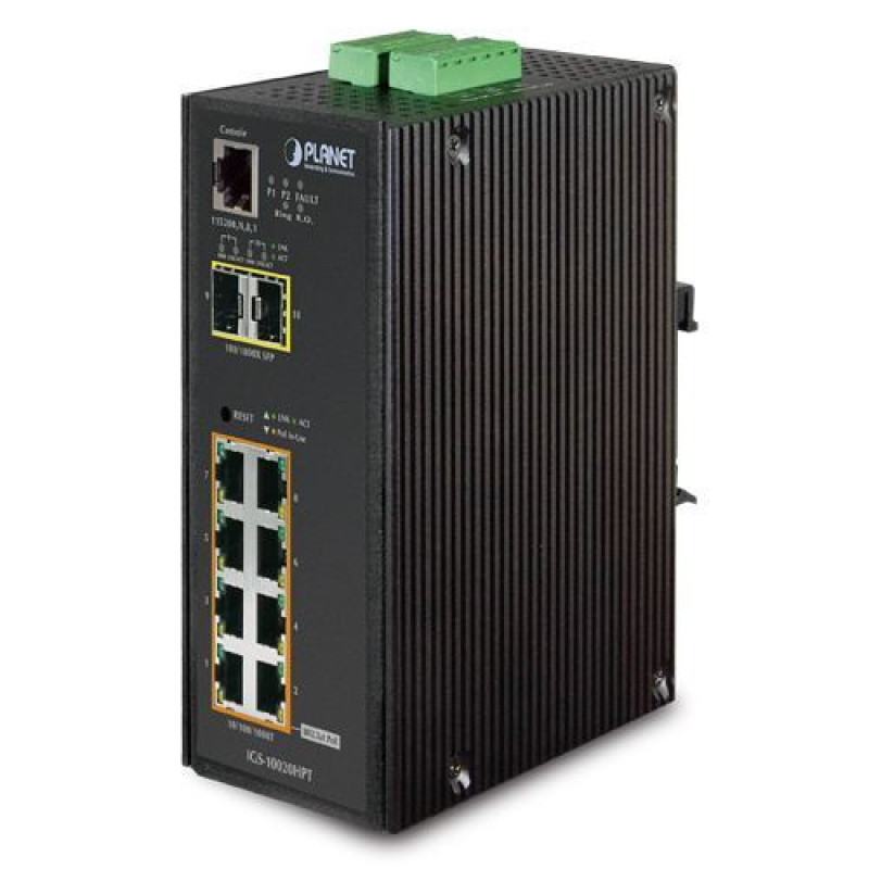 PLANET IGS-10020HPT-U, upravljivi industrijski switch, 10-Port, 8 x gigabit PoE+, 2 x SFP