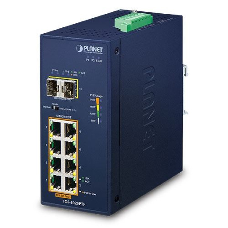 Planet Industrial IGS-1020PTF, neupravljivi switch, 8-Port, gigabit, PoE