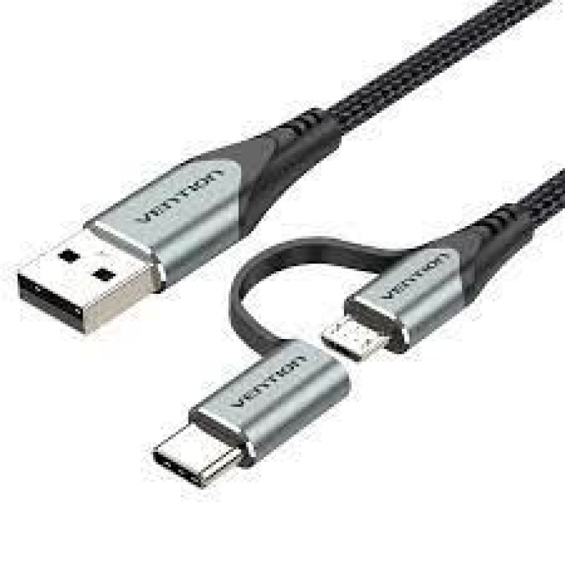 Vention USB-A / 2-in-1 Micro USB-B, USB-C kabel, 1m, sivi