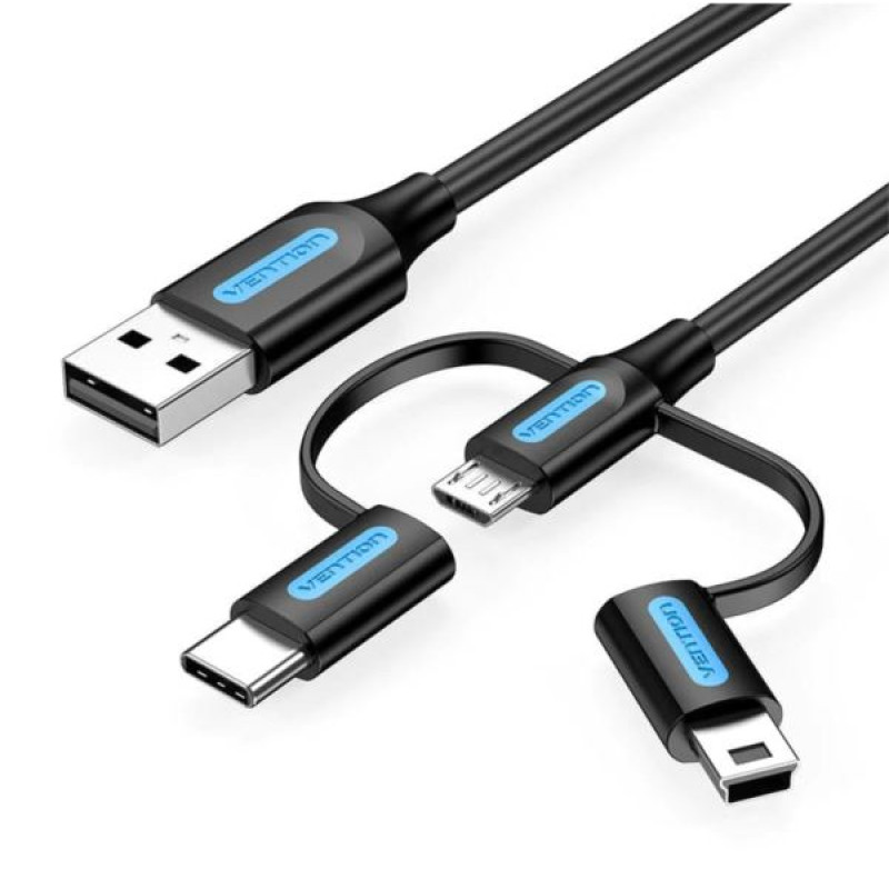 Vention USB-A / 3-in-1 Micro USB-B, USB-C, Mini USB-B kabel, 0.5m, crni
