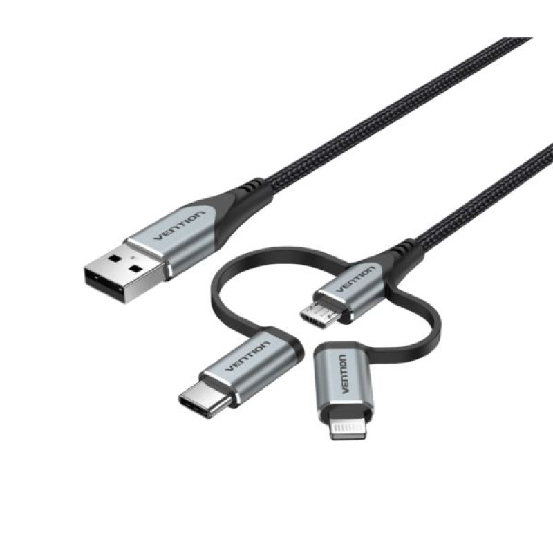 Vention USB-A / 3-in-1 Micro USB-B, USB-C, Lightning kabe, 1.5m, sivi