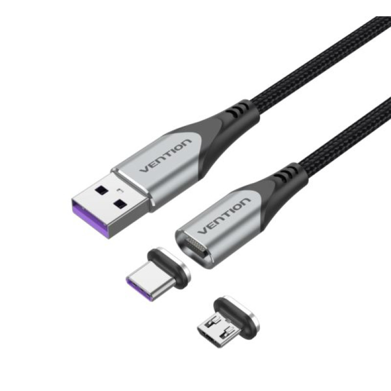 Vention USB-A / 2-in-1 Micro USB-B, USB-C magnetski kabel, 1m, sivi
