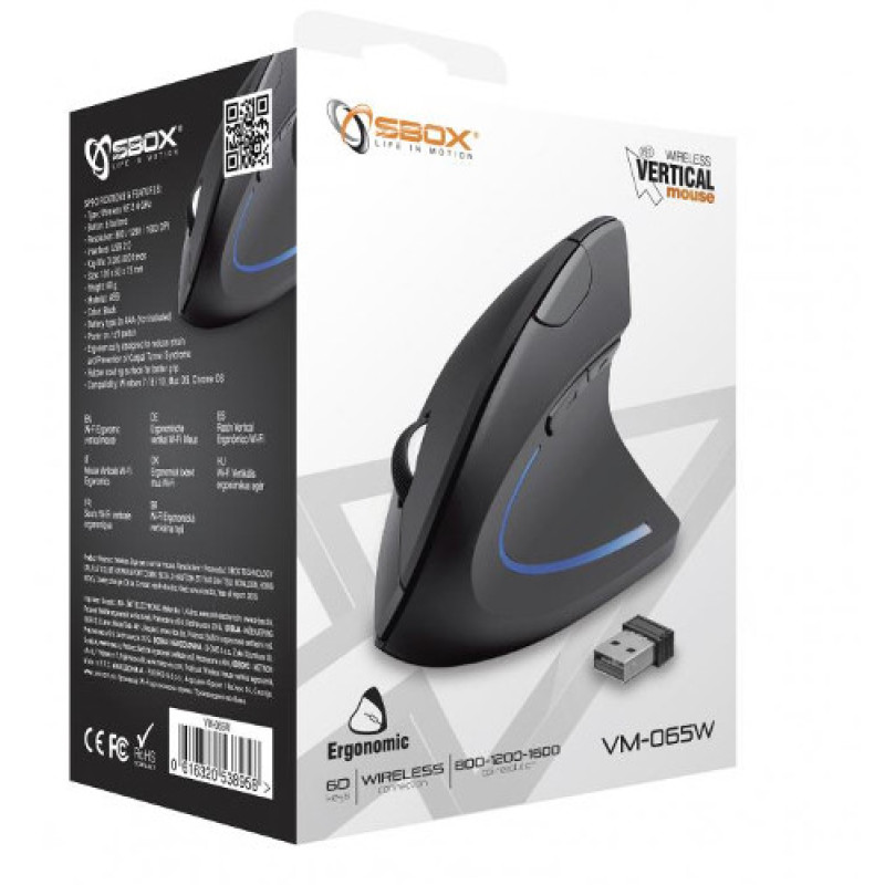 Sbox VM-065W, vertikalni bežični optički miš, crni